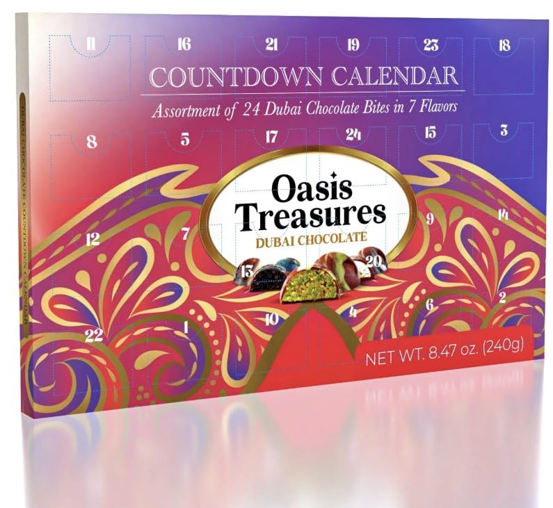 Gourmet Dubai Chocolate Advent Calendar by Oasis Treasures – 24-Day Countdown, 7 Assorted Gourmet Chocolate Flavors, Holiday Gift, 240g