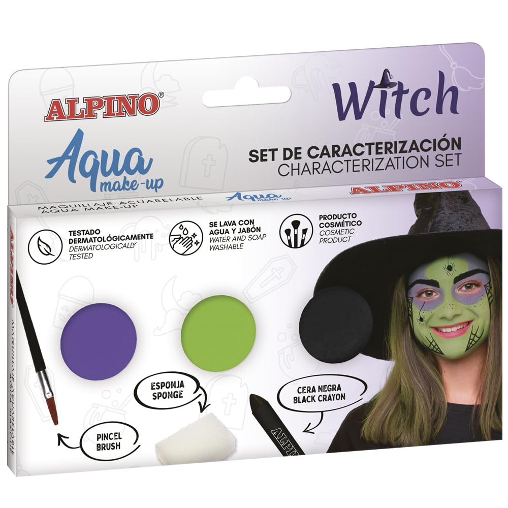 Alpino Set de caracterización Aqua Make up Bruja | Maquillaje Facial y Corporal Base Agua | Ideal para Disfraces de niños y Adultos | Pintura Base Agua para Uso recreativo y semiprofesional