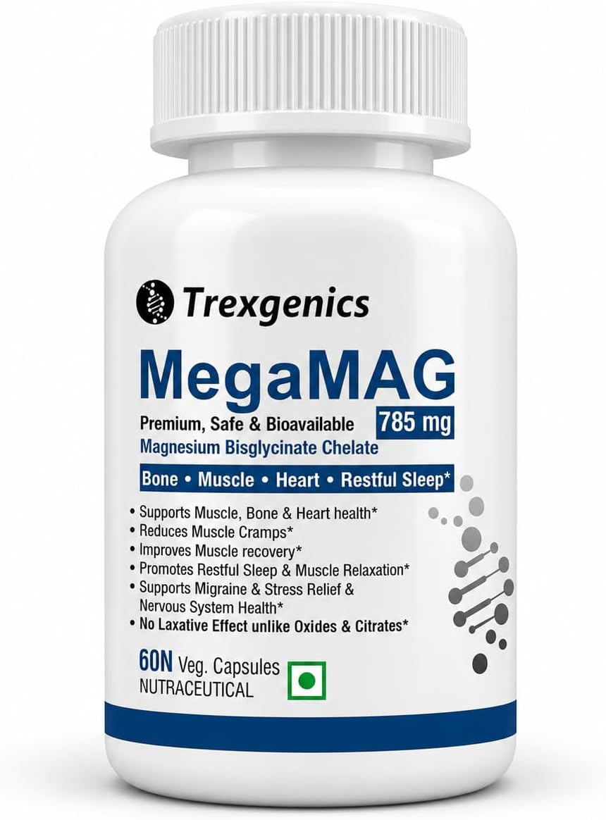 Trexgenics MegaMAG 785mg Magnesium Bisglycinate - Most Bioavailable Magnesium for Sleep, Muscle, Bone & Heart Support (60 Veg. Capsules) (Pack of 1)