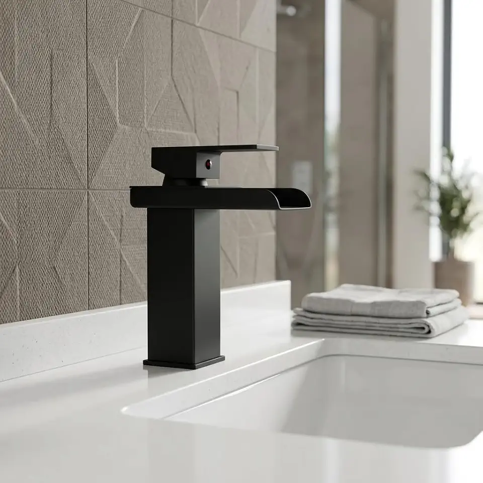 Torneira Banheiro Cascata Calha Preta Fosca Monocomando Quente e Fria Bancada Lavabo Lavatório Luxo TKLA