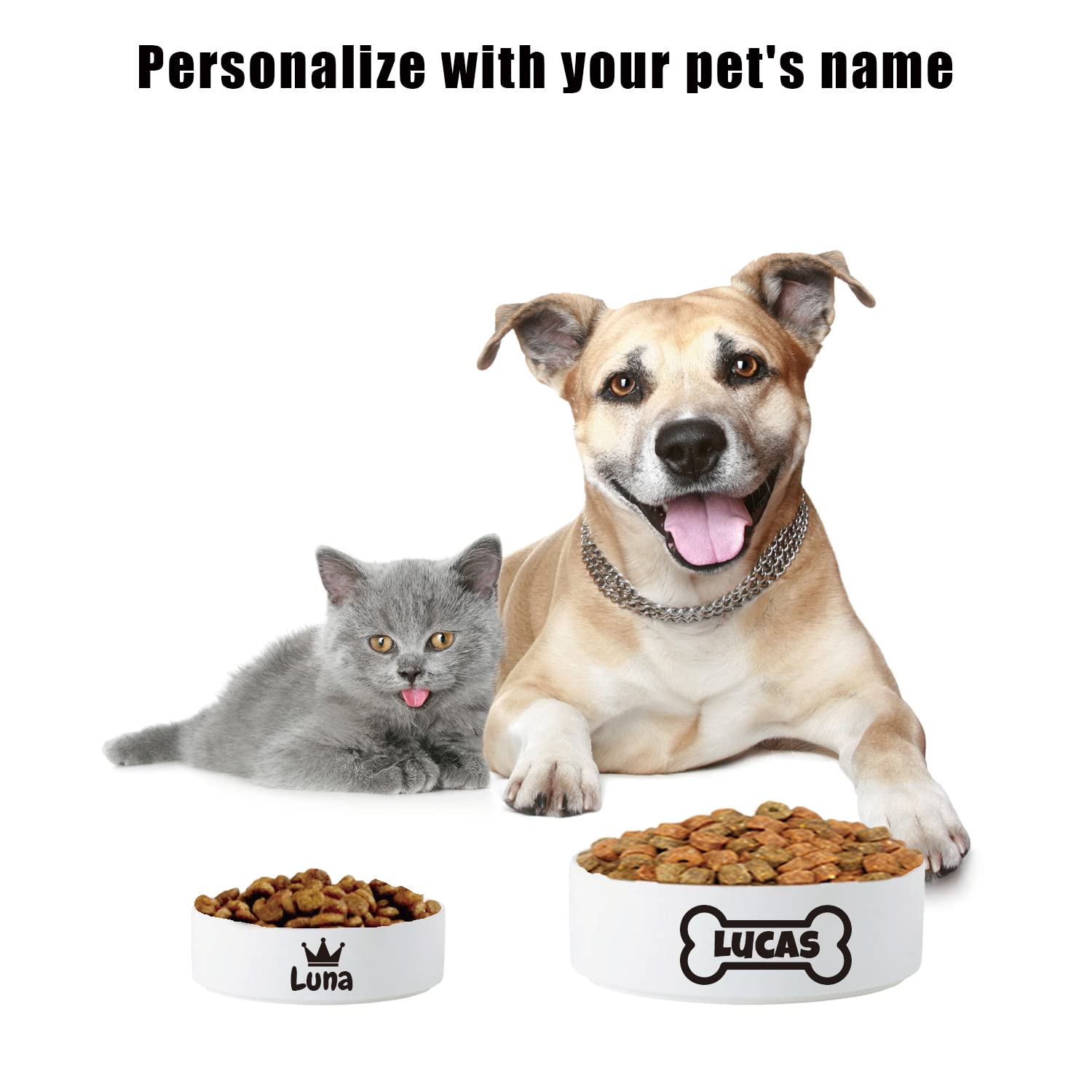 JMIPET Personalized Ceramic Dog Bowl Custom Pet Name Cat Puppy Feeding Bottom Non-Slip Does Not Overflow Kitten Food Feeder Water (White), S,M,L (TCW-1)