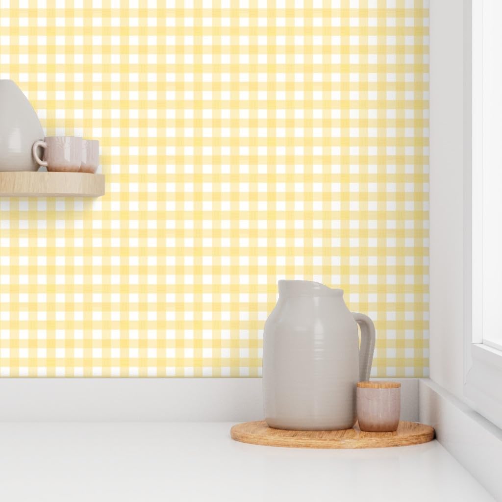 Peel & Stick Wallpaper Swatch - Yellow Bright Gingham Lemon Country Cottagecore Picnic Custom Removable Wallpaper by Spoonflower