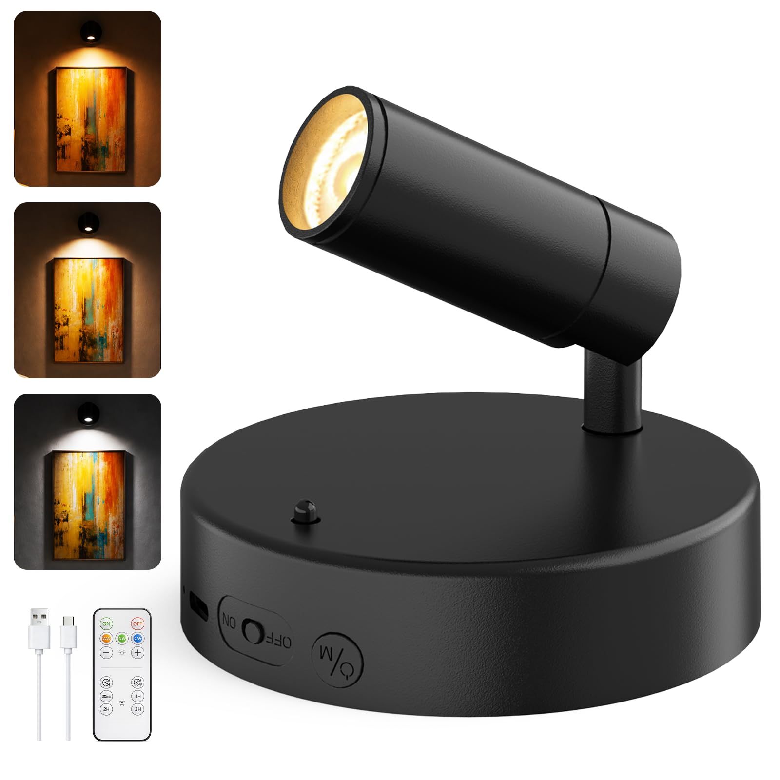 Rechargeable Wall Spotlight Indoor,24H Cycle Timer | 150LM | 10CM, 5500mAh Dimmable Picture Lights for Wall,3CCT Painting Art Light with Remote,Uplighting Stick on Wall for Plant Artwork Display Tree