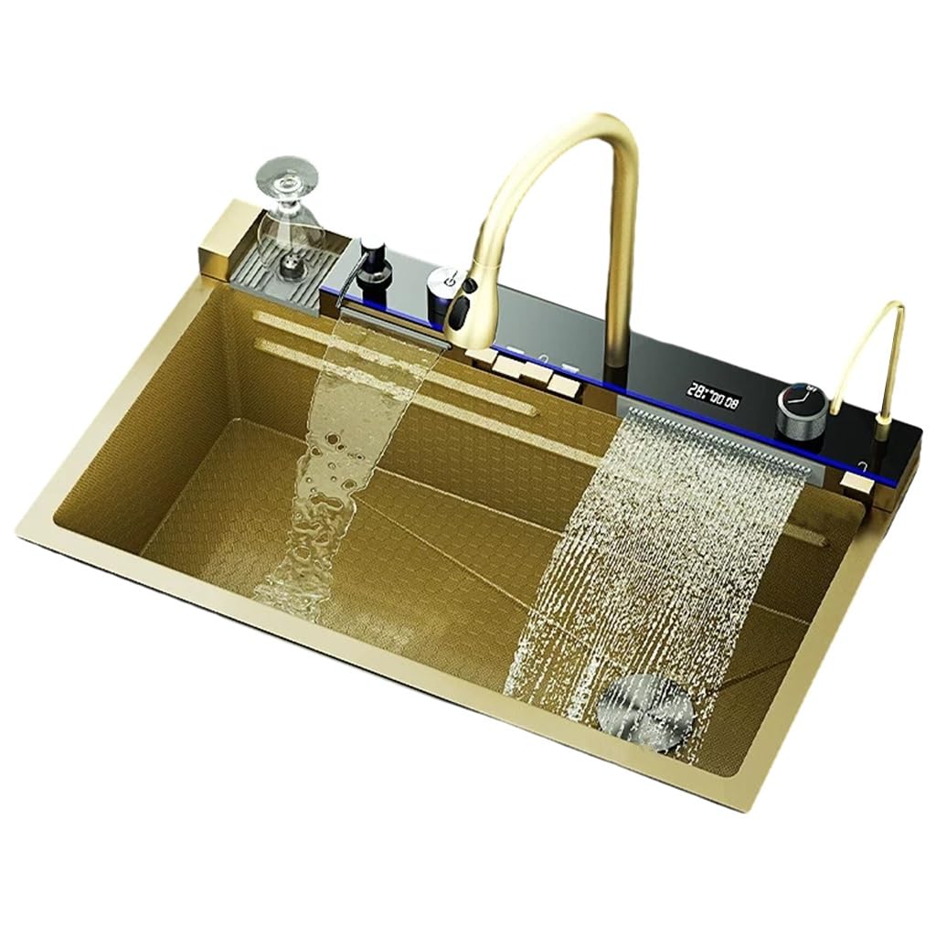 Evier de cuisine cuve unique inox 304 cascade avec mitigeur extractible or 75 cm anti-rayures