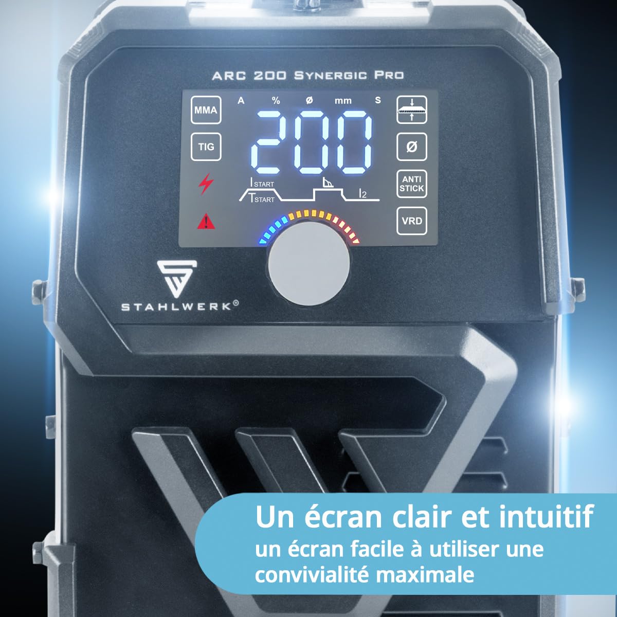 STAHLWERK Poste à souder à l'électrode ARC 200 Synergic Pro Digital – MMA jusqu'à 200 A, soudage sans gaz, Inverter Lift-TIG, Hotstart, fonction Antistick, Smart Cooling & protection surchauffe