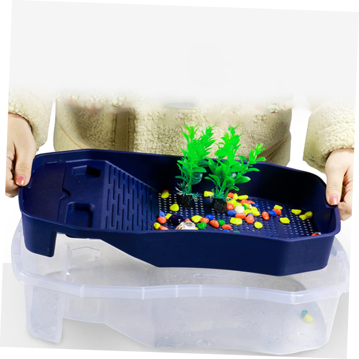 FRCOLOR Caja de Cría de Tortugas Plataforma de Secado y Tanque de Agua, Plástico Resistente, Fácil Limpieza, Gran Capacidad para Área de Alimentación de Tortugas