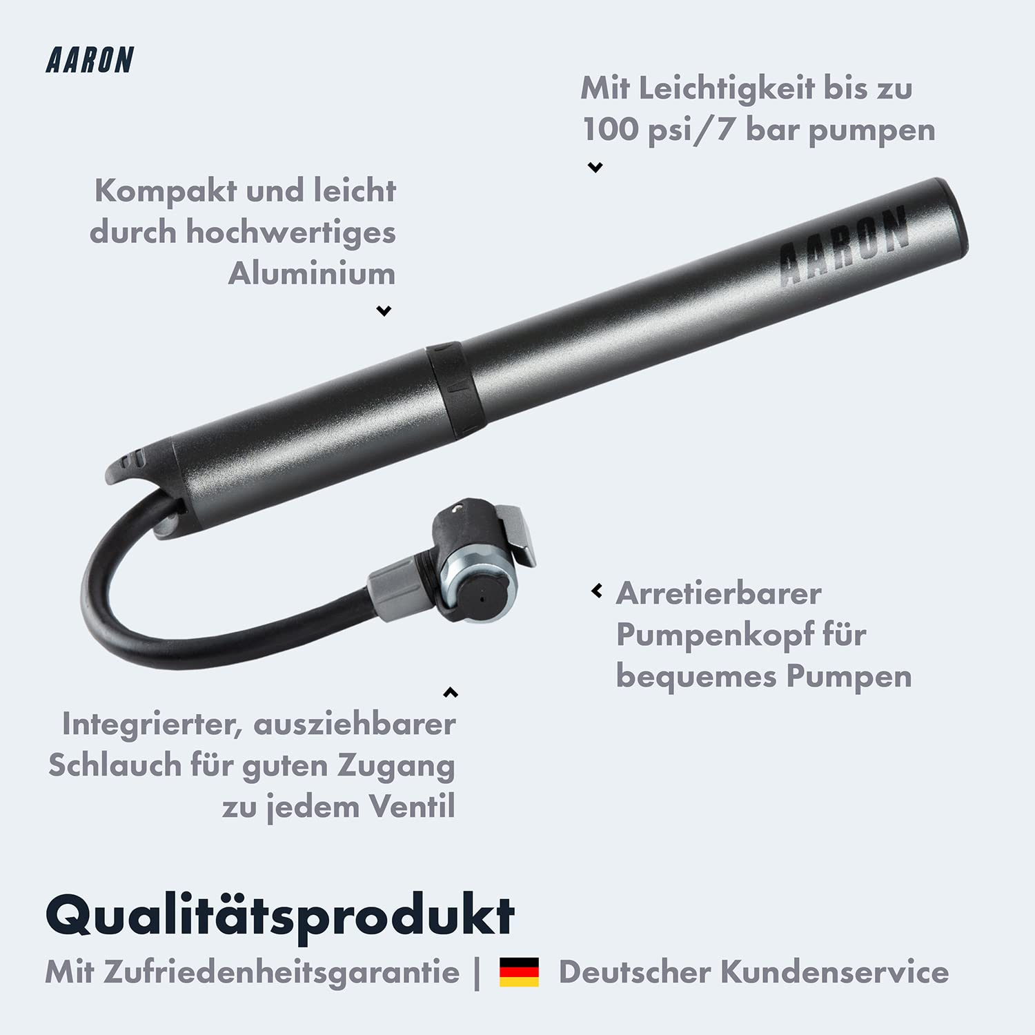 AARON Pocket One Mini Fahrradpumpe für alle Ventile - kompakte Luftpumpe passend für jeden Rahmen - Handpumpe für unterwegs mit gratis Pannenset - Rad Pumpe in schwarz/grau