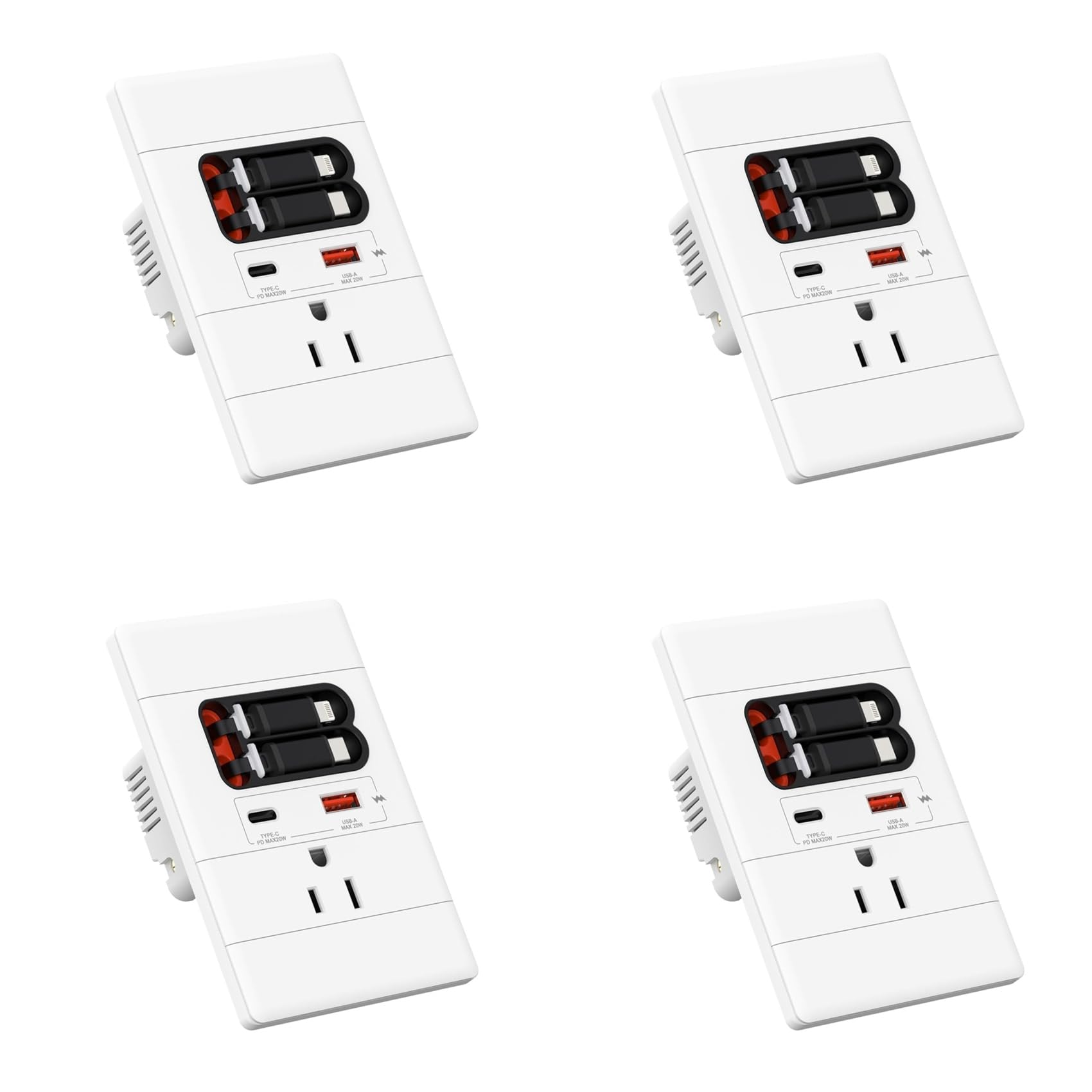 Prise murale USB-C GaN 20W avec câble rétractable intégrable 15A 125V x4