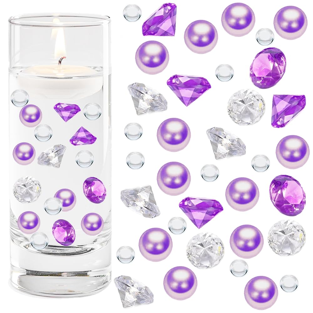HappyFiller Acrylic Diamonds Gemstones Mix Purple Faux Pearls Beads for Wedding Table Scatters,Vase Fillers,Floral Arrangement,Party Centerpieces,Candle Holder Decoration,Bridal Shower Gift, 8.8 OZ