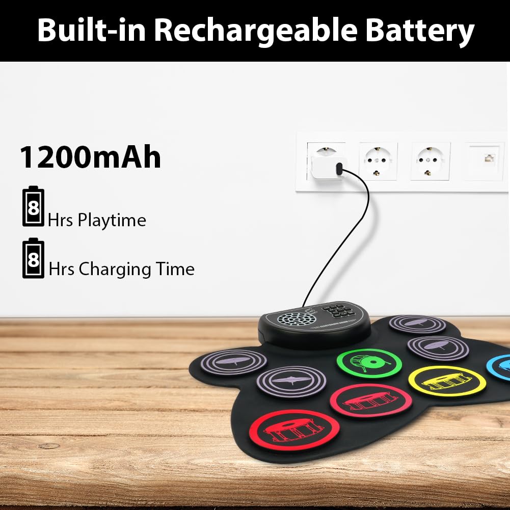 OFFCUP Batteria Elettronica Portatile 9 Pads Electronic Drum Kit con 2 Bacchette e Pedali Altoparlanti Stereo Pieghevole Roll Up Tamburo Digitale per Bambini Adulti Principianti