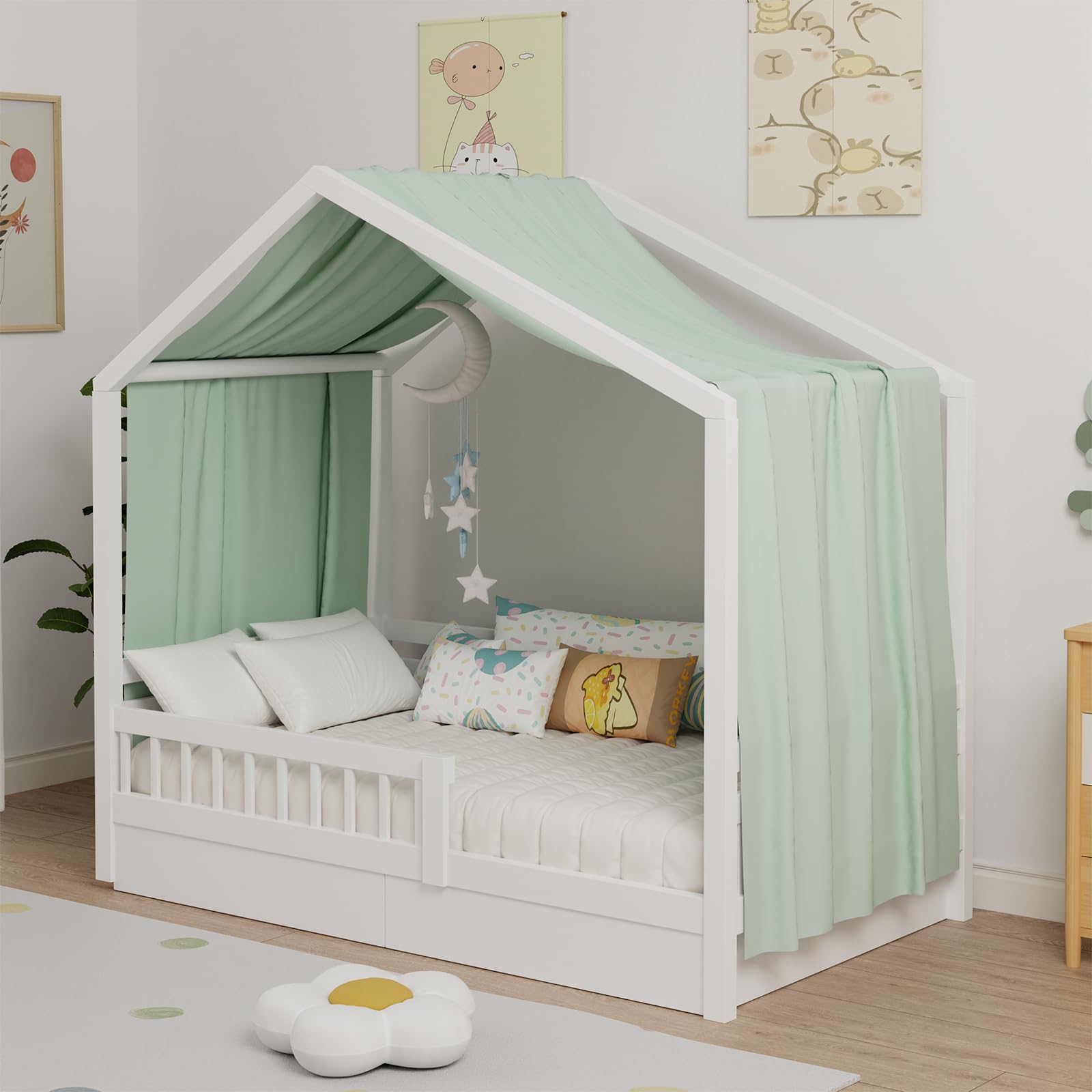 Zdada Hausbett Himmel, Betthimmel Hausbett aus Baumwolle Musselin, Stoffhimmel für Hausbett Mädchen Jungen Baldachin Kinderbett Kinderzimmer Deko -135 x 420 cm Grün