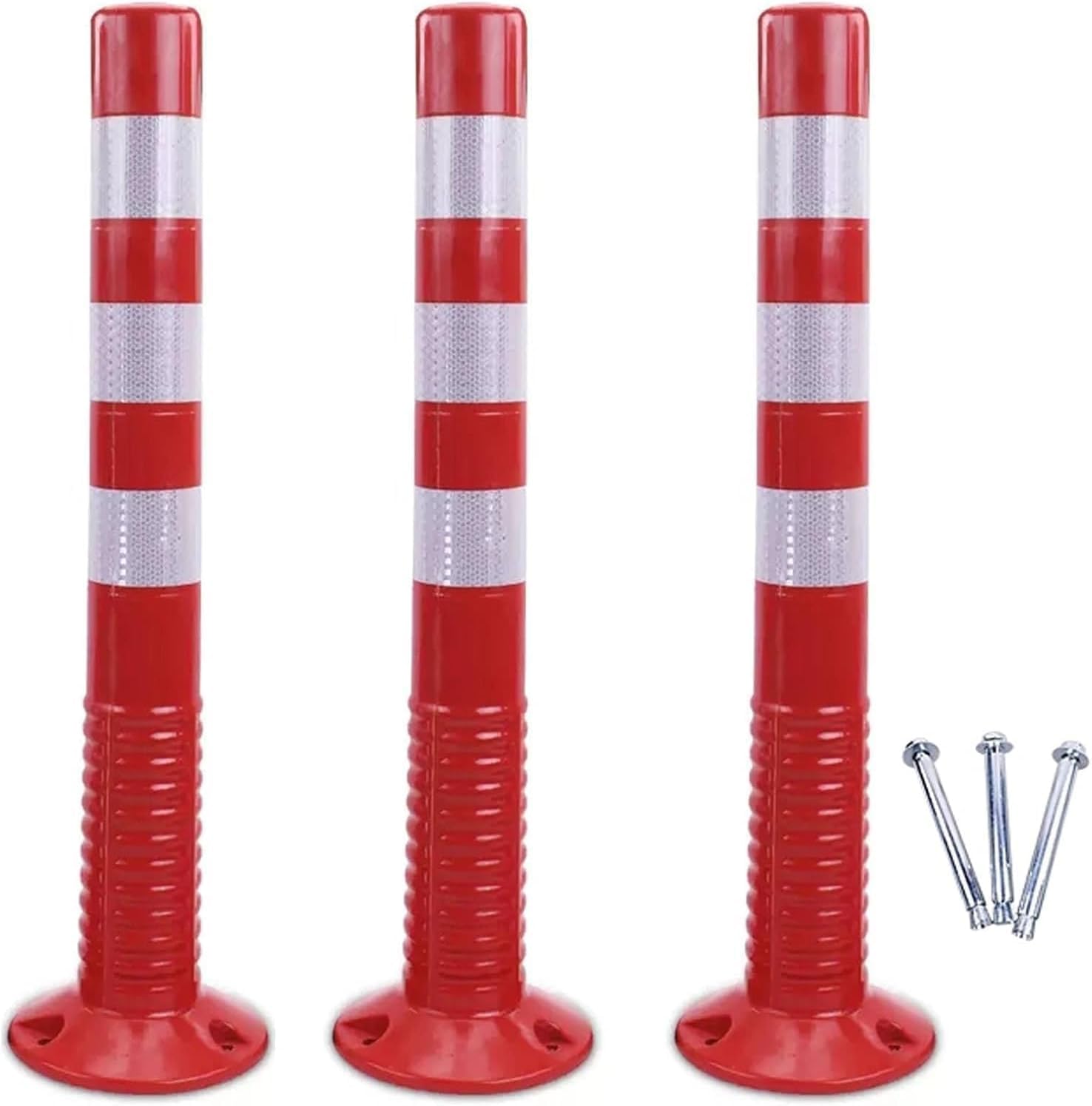 JYBNBBE 3pcs Fixed Type Parking Bollards PVC Flexible Traffic Delineator Posts with Expansion Bolts,Red and White-3Pack