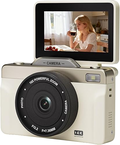 Cámara digital 4K con zoom 16X anti-shake, pantalla LCD de 3" con giro de 180°, cámara compacta para videoblogs con tarjeta SD de 32G, color blanco