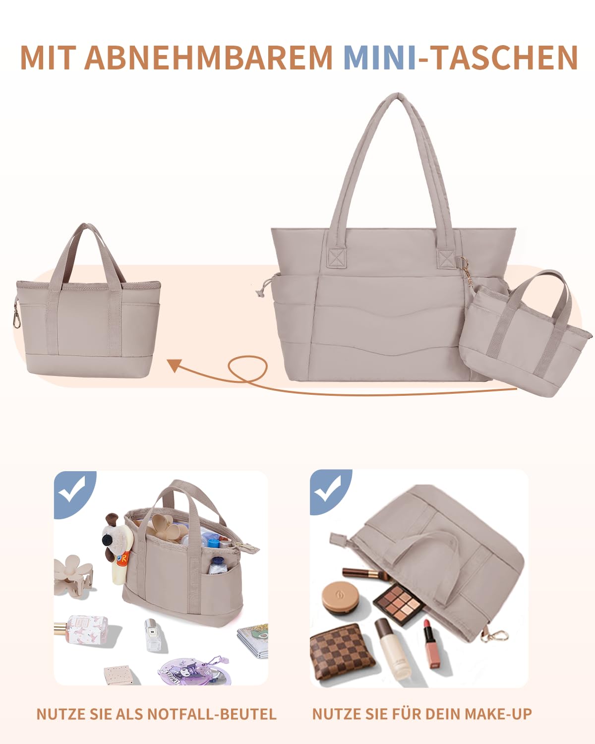 Wandering Nature Handtasche Damen Tote Bag 2-Tlg Puffer Shopper Tasche mit Laptopfach (15,6 Zoll) & Getränkehalter (40oz/1.18l), Ideal für Arbeit Schule Reisen Shopping (Patent Angemeldet)