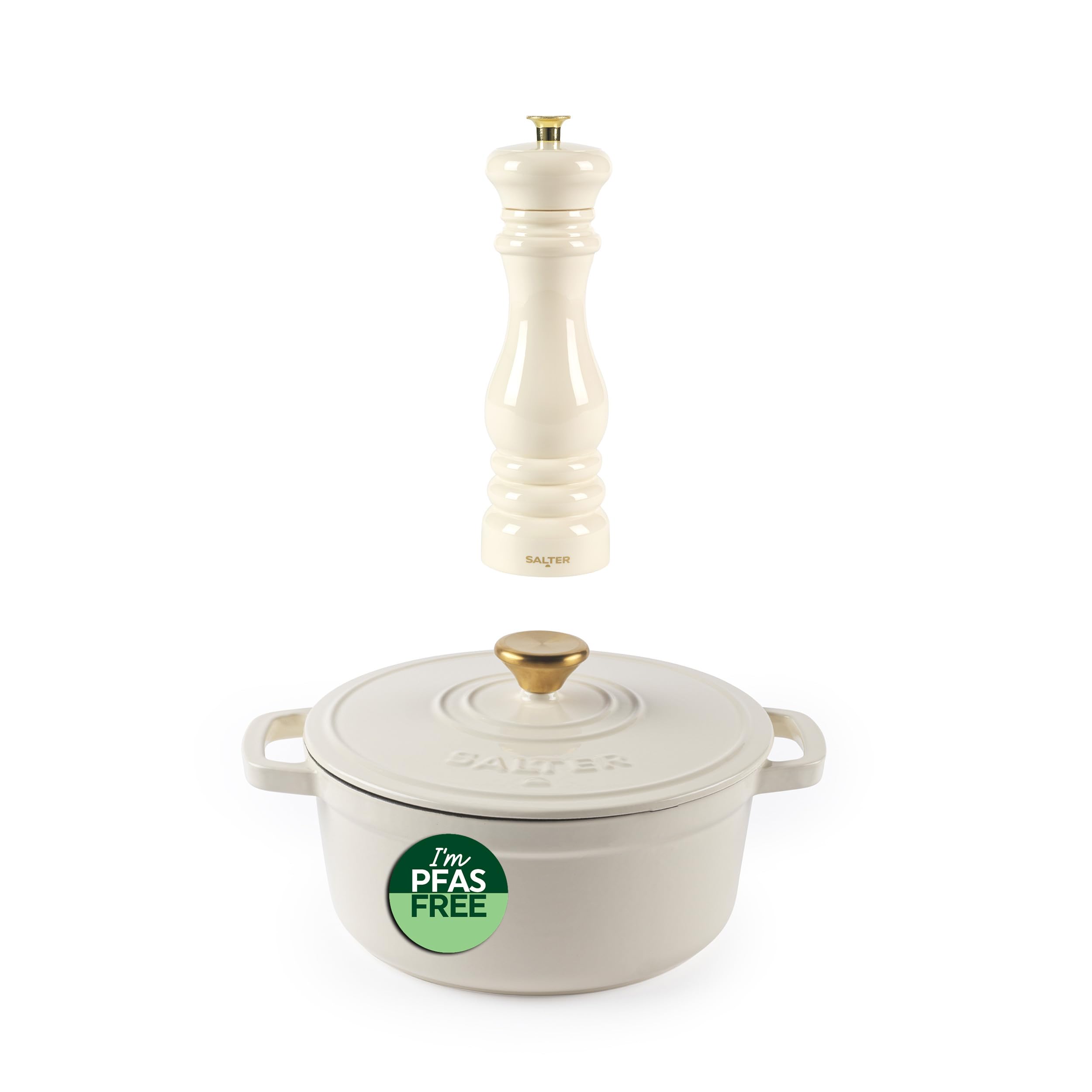 Salter Chester Cast Iron Casserole & Mill Set - 3.4L Cap., 24cm Dutch Oven/Stock Pot with Single Manual Twist, Refillable Salt & Pepper Grinders, Enamel Coated, Self-Basting Lid, PFAS-Free, Cream