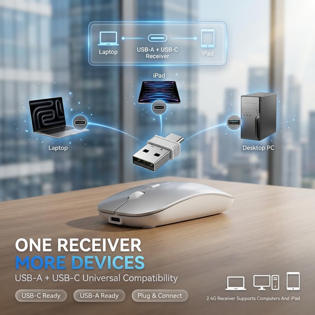 Mouse wireless Bluetooth con modalità Jiggler, mouse silenzioso ricaricabile per MacBook Air/Pro PC portatile, multi-dispositivo BT5.2/BT3.0 e ricevitore USB-A/USB-C 2.4G, mouse ottico ergonomico con