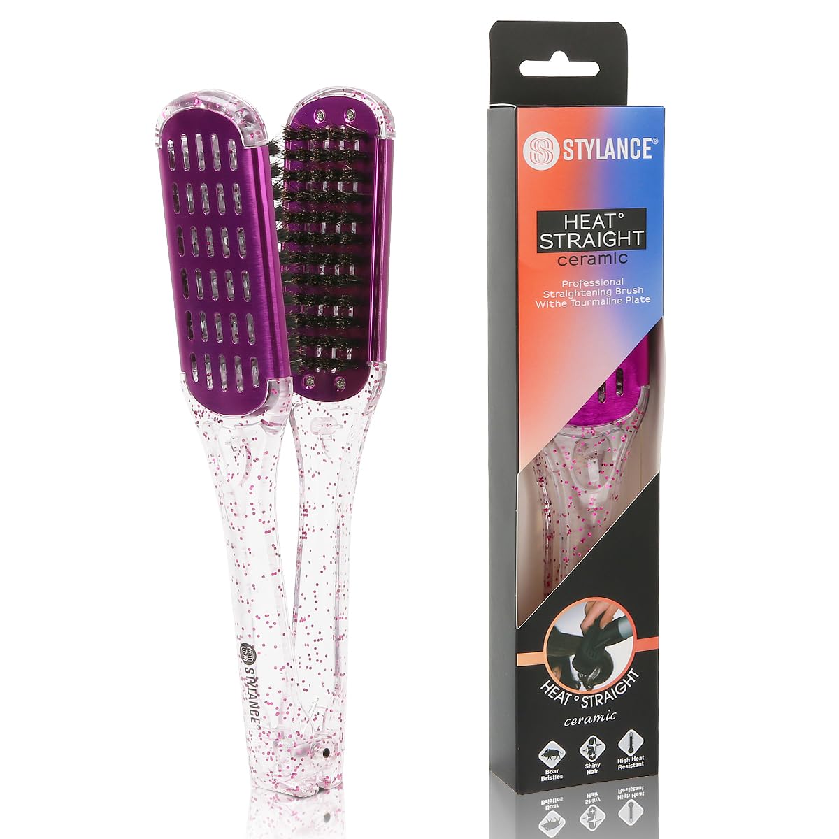 Boar Bristle Clamp Hair Brush, Ceramic Double Sided Brush Clamp Straightener,Detangling, and Styling Hair