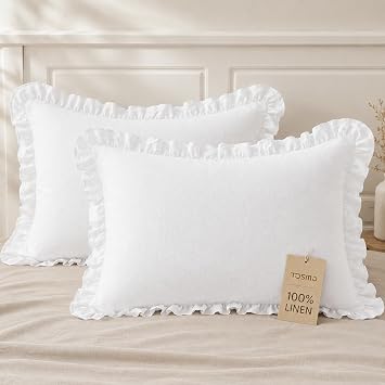 TOSMO 100% Linen White Ruffle Pillow Case, Standard Size Set of 2