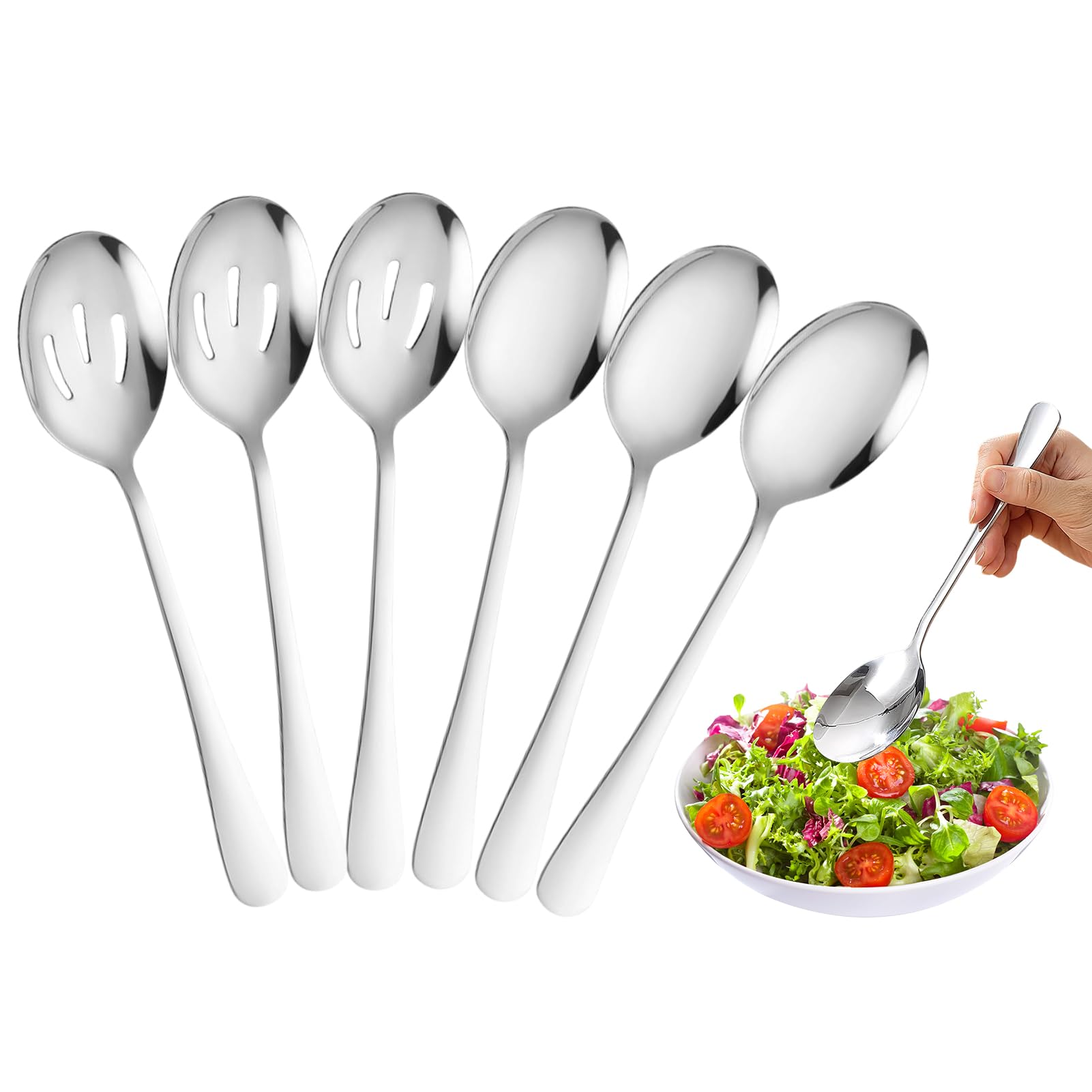 6Pcs Stainless Steel Serving Spoons Set, Include 3 Serving and 3 Slotted Large Spoons for Buffet Dishwasher Safe for Party, Banquet, Kitchen(Silver) - Image 2
