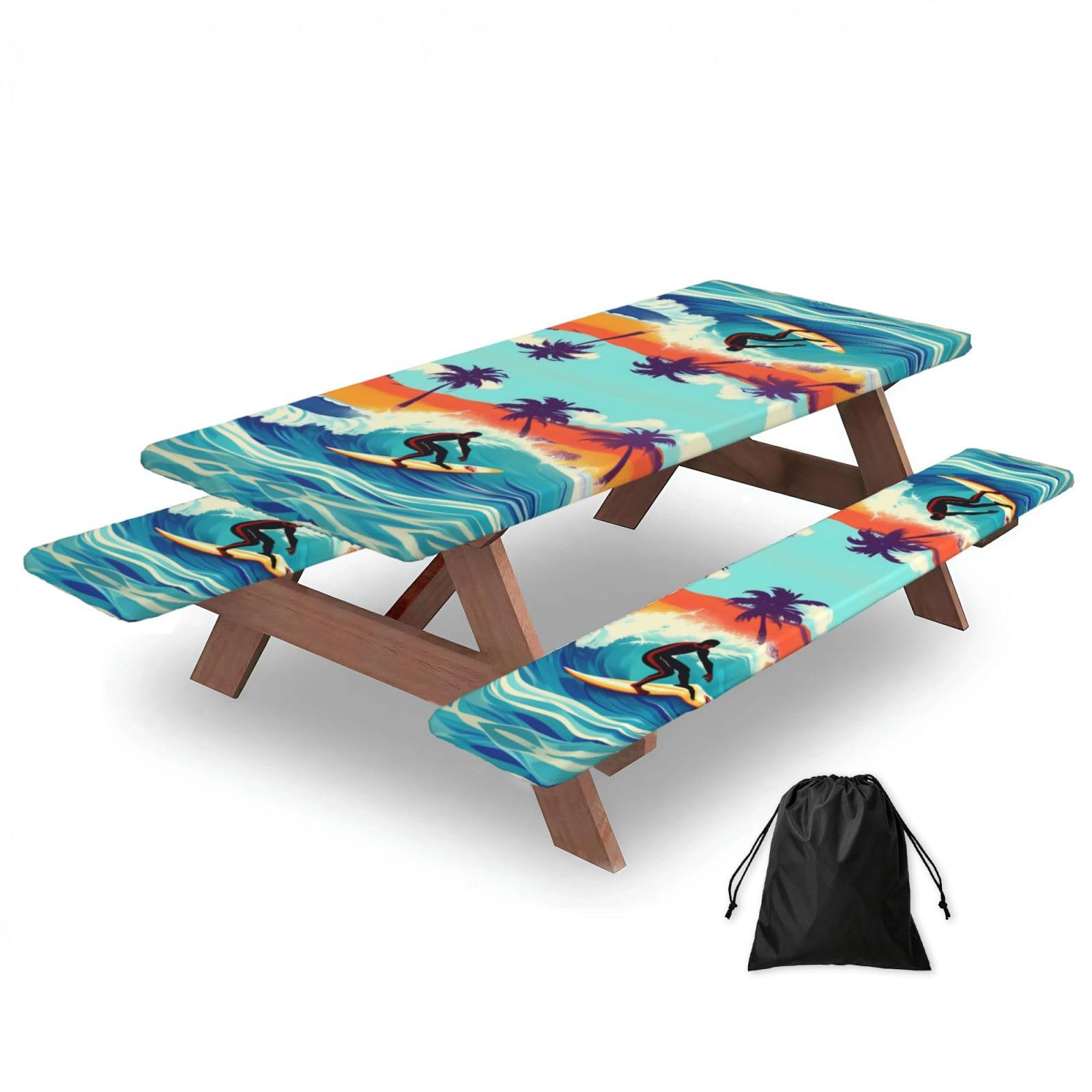 Hawaiian Surfer On Wavy Print 3 Pack Wipeable Picnic Bench Cover And Table Cover Lightweight Table Cloth For Camping Outdoor