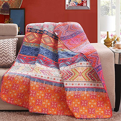 Exclusivo Mezcla Cotton Boho Stripe Quilted Throw Blanket, Reversible Colorful Printed Paisley Quilt Blanket, 50X60 Inch, Machine Washable and Dryable, Pink