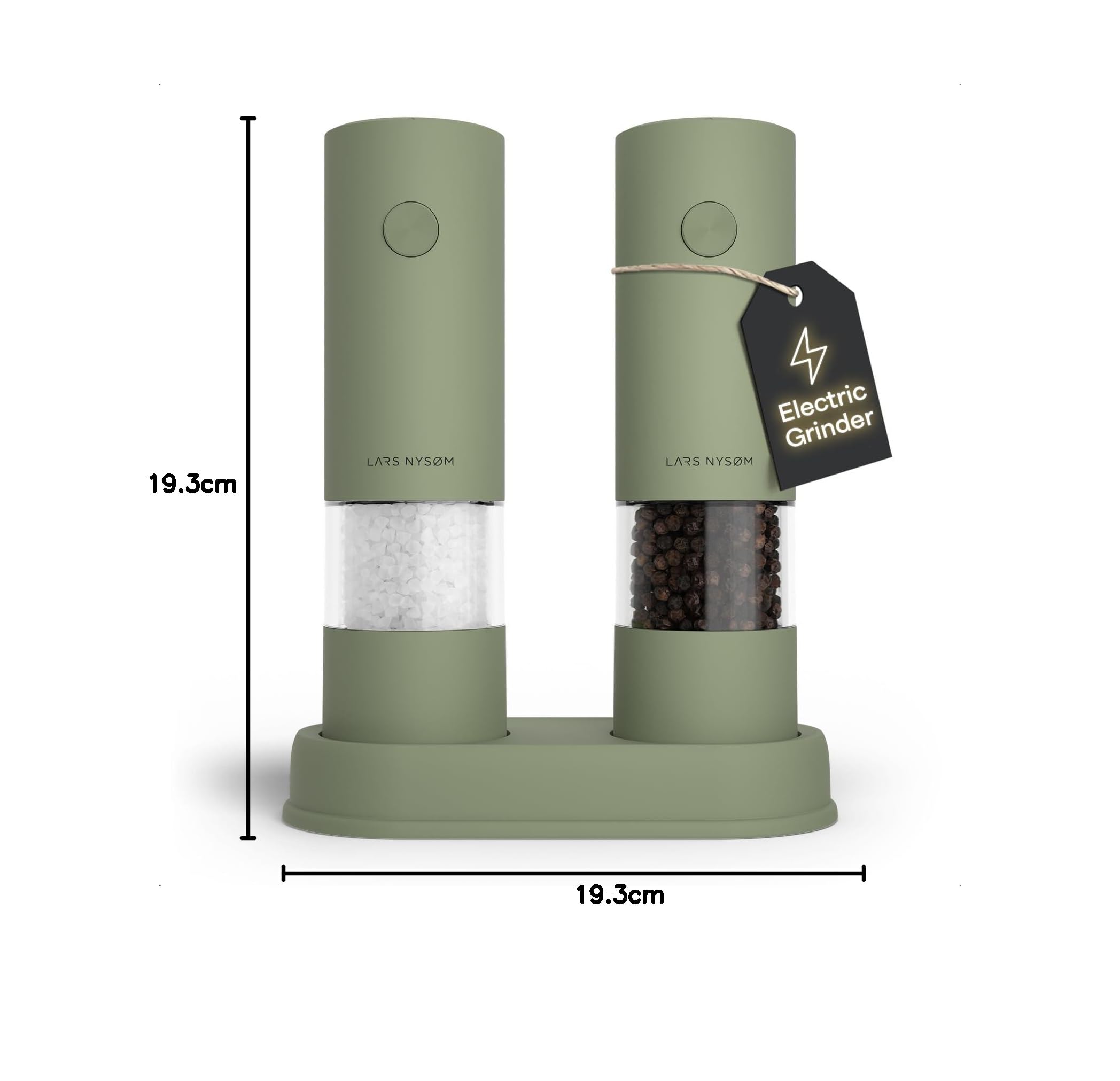 LARS NYSØM Moulin à Sel et Poivre Électrique | Set Automatique avec Moulin Céramique Réglable | Moulin à Épices Électrique Fonctionnant à Piles (Sage Green)