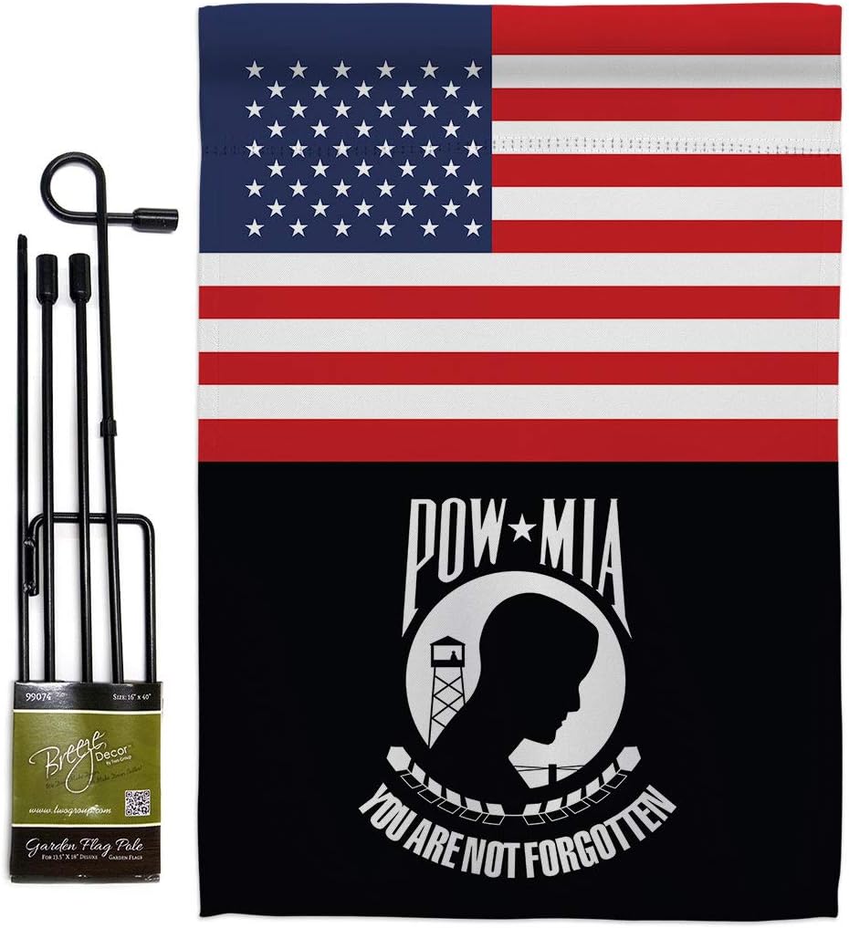 US POW MIA Garden Flag Set Wall Holder Armed Forces Vietnam WarUnited State American Military Veteran Official Small Decorative Gift Yard House Banner Double-Sided Made In USA 13 X 18.5