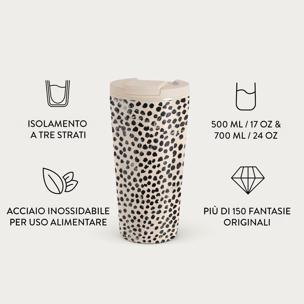 BURGA Bicchiere da Viaggio 500 ml – Bicchiere isotermico in acciaio inox, mantiene le bevande calde fino a 6 h e fredde fino a 24 h, coperchio ribaltabile antiperdita, compatibile con portabicchieri