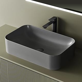 EMKE Aufsatzwaschbecken Rechteckig 61,0 × 38,0 × 15,0 cm – Keramik Waschbecken, Waschschale für Gäste-WC & Bad – Ohne Hahnloch & Überlauf, kratzfest & leicht zu reinigen, Grau Matt