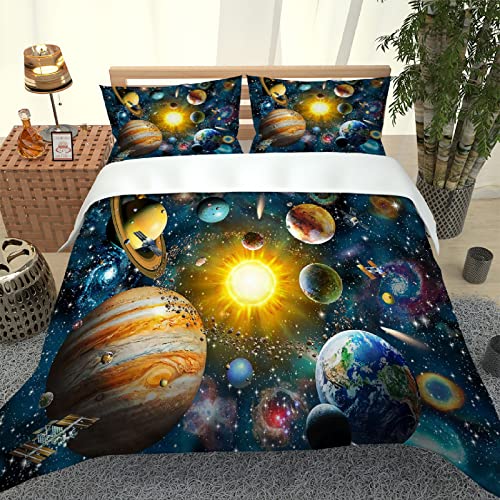 Parure de Lit 1 Personnes en Microfibre avec Fermeture Éclair, 3D Planète De L'Univers Bleu Motif Housse De Couette 140x200cm Et 2 Taie ​d'oreiller...