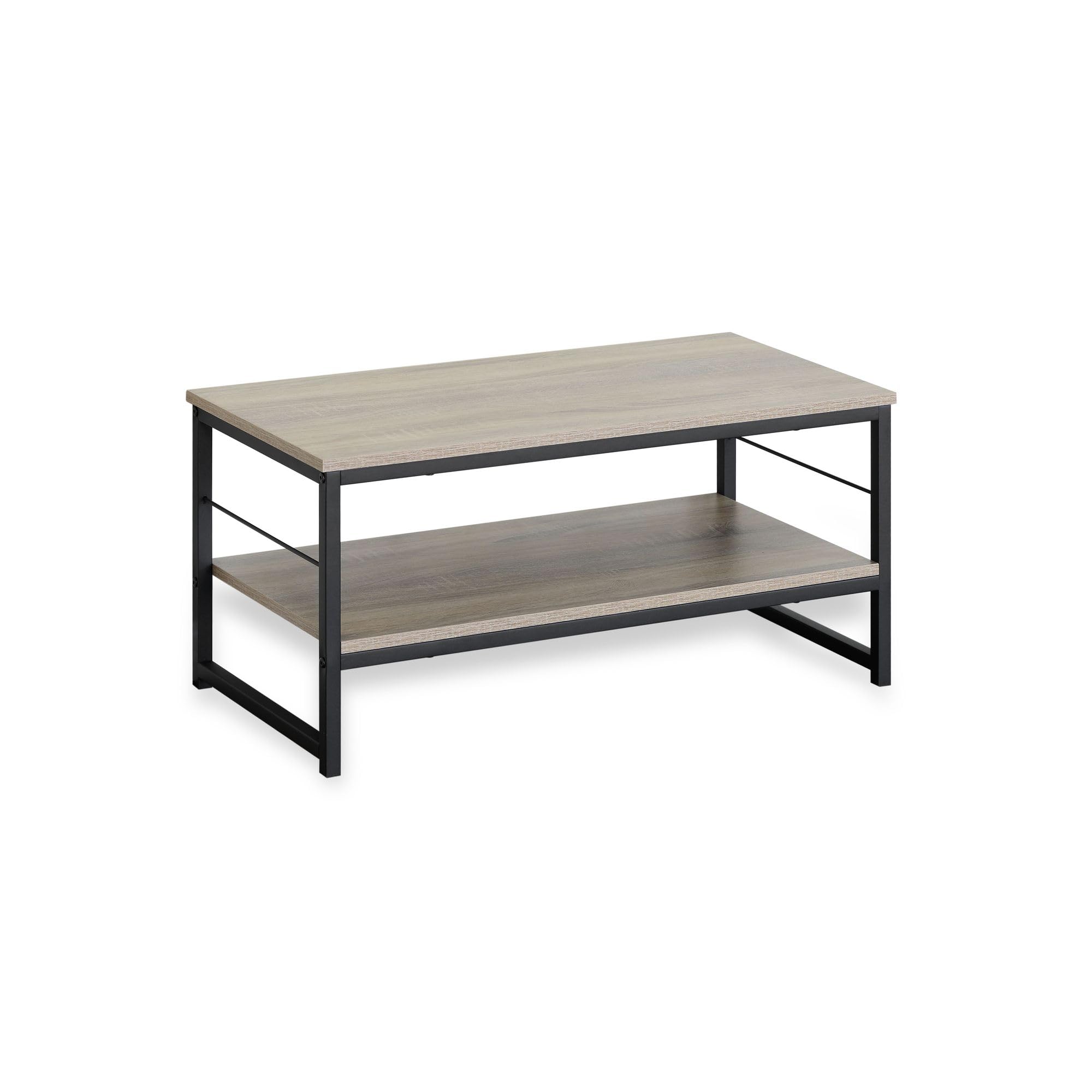 INDE MOBLEKIT | Tavolino rettangolare 80x40x38 cm con 2 ripiani, struttura in metallo nero e piano in legno opaco, tavolino laterale per soggiorno, ripiano basso o tavolino da caffè