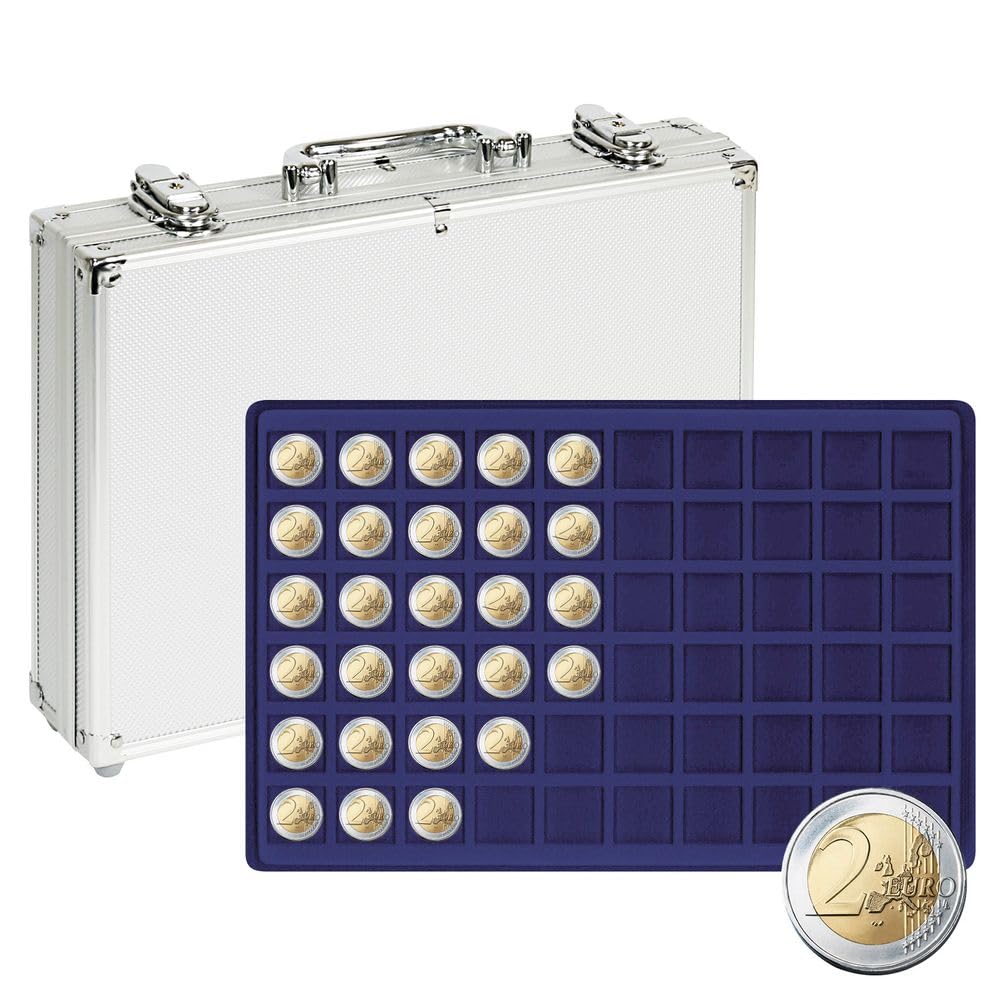 LINDNER Das Original Maletín de Aluminio para Monedas con 5 tableros Azul Oscuro para 300 Monedas o cápsulas para Monedas de hasta un diámetro de 27 mm