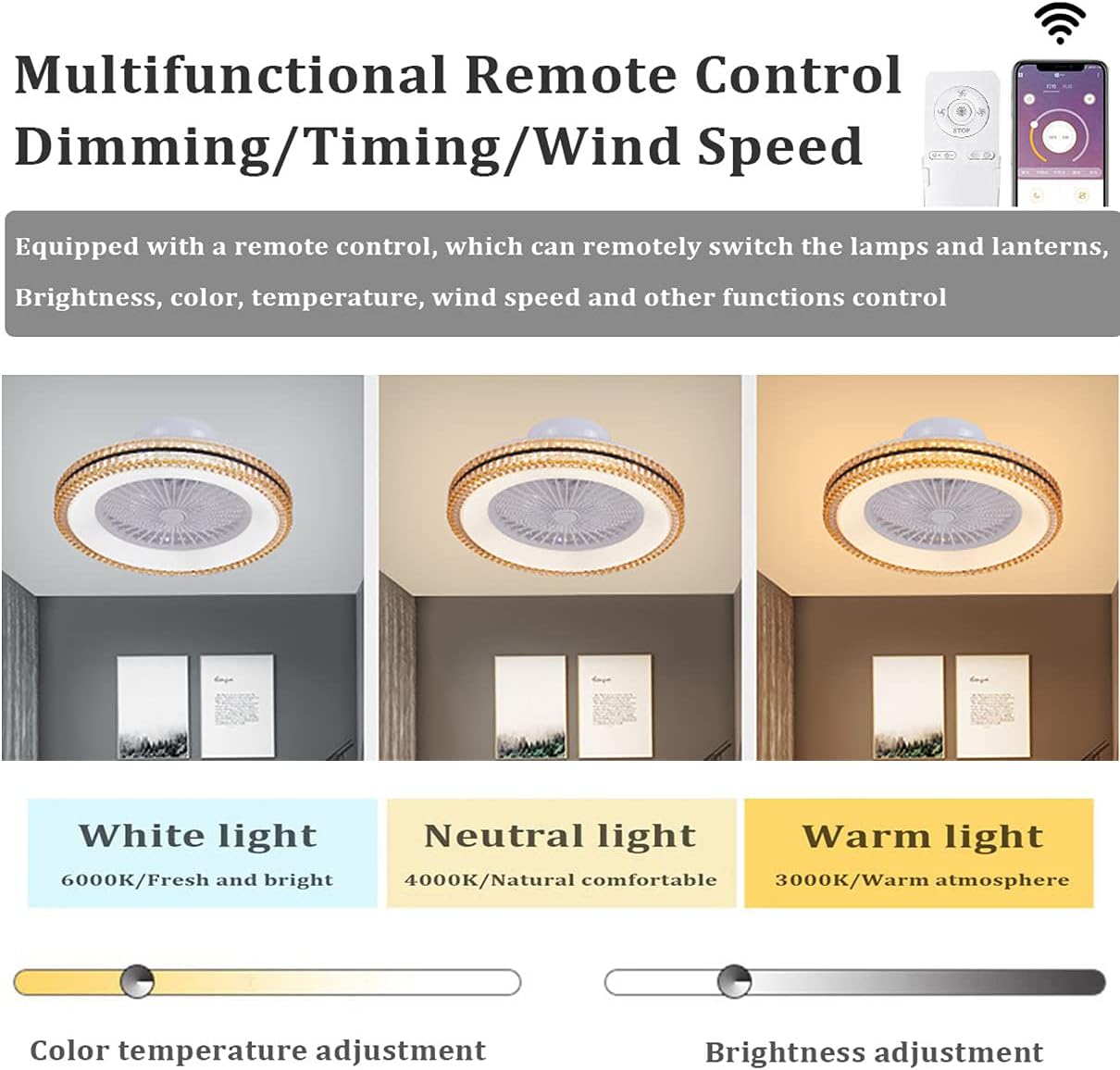 YUEGOO Fan with Ceiling Light and Remote Control Silent 3 Speeds Bedroom Led Dimmable Ceiling Fan Light 72W Modern Living Room Quiet Fan Ceiling Light/White