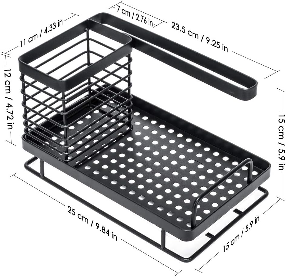 ODesign Large Kitchen Sink Caddy Organizer Sponge Soap Brush Holder with Drain Pan Tray Stainless Steel - Black