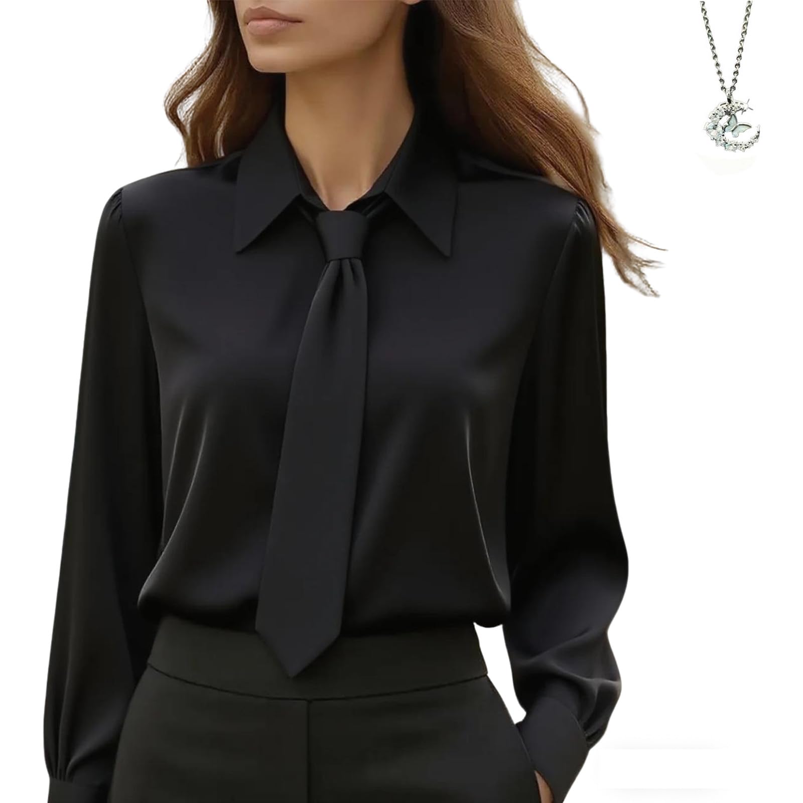 WXDTW Women's Elegant Satin Blouse with Tie - Long Sleeve Dressy Silk Shirt for Wedding Guest & Business Casual Tops (S,Black)
