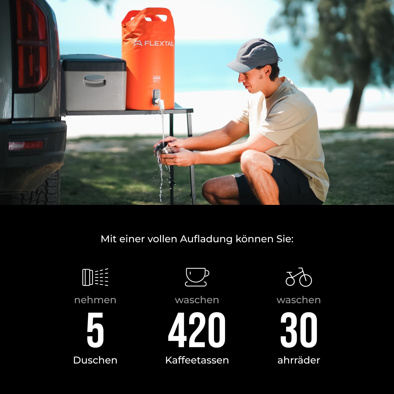 FLEXTAILGEAR Tragbare Camping-Duscheimer 20L mit integrierter Elektropumpe, 2500mAh Akku, IPX7