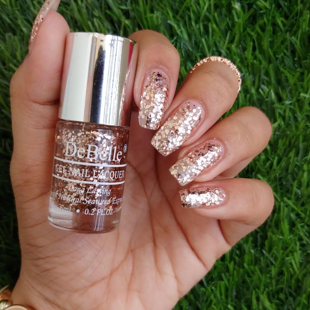 DeBelle Gel Nail Polish Elite Tiffany(Rose Gold Flaky Glitter Top Coat Nail Paint)| Non UV - Gel Finish |Chip Resistant | Seaweed Enriched Formula| Long Lasting|Cruelty and Toxic Free| 6ml