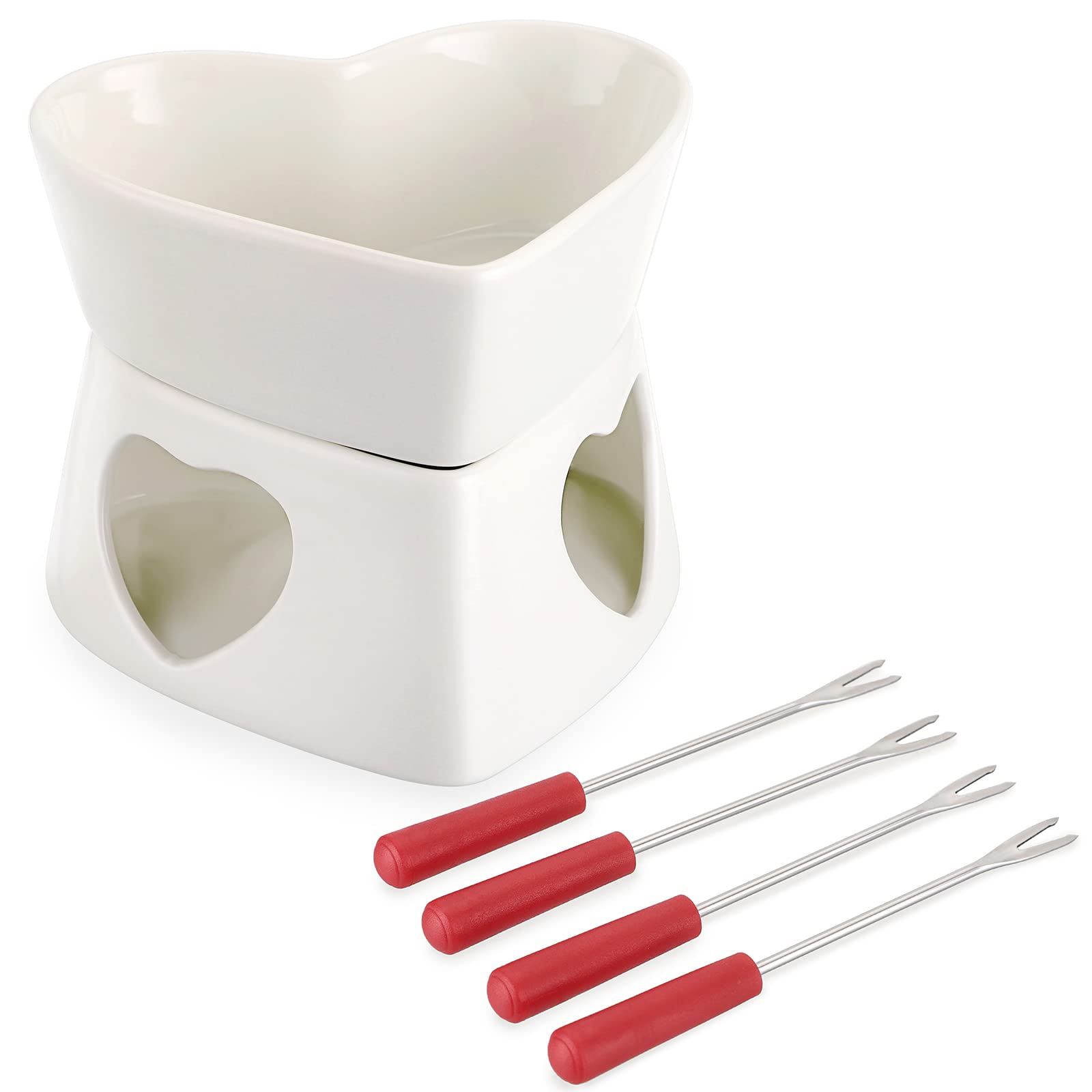 Fondue Queso- Cerámica Blanca de 320 ml Fondue de Chocolate del Amor con 4 Tenedores Rojos para Chocolate Mantequilla Queso (sin Vela)