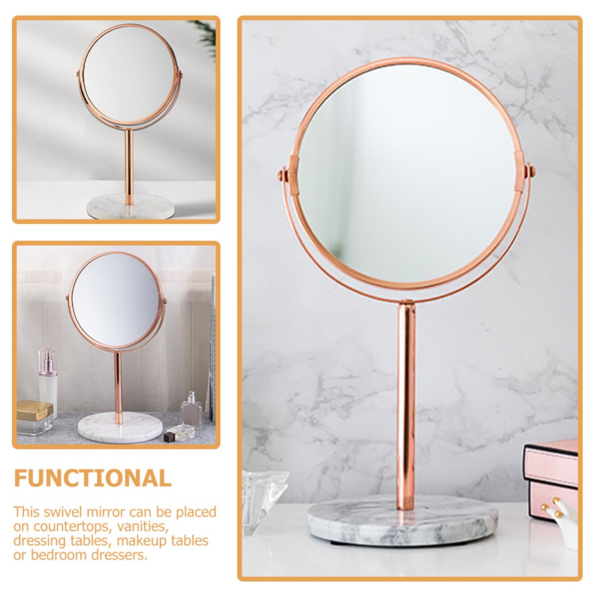 SHINEOFI Espejo de Mesa para Maquillaje Aumento 2X y Reflejo Claro, Diseño Vintage de Mármol y Metal Adecuado para Tocadores y Escritorios