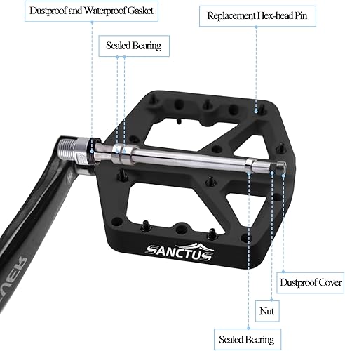 Miniatura 2 de Sanctus Pedales de bicicleta de montaña, pedales planos de 916 pulgadas, de nailon ligero, antideslizante, con agarre ajustable para BMX MTB