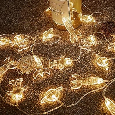 10 LED Children's Room LED String Light Astronaut Spaceship Rocket Pendants Holiday Party Lights Wall Window Nursery or Kids room Decor Wedding Around the Garden Party Patio Christmas (Warm White)