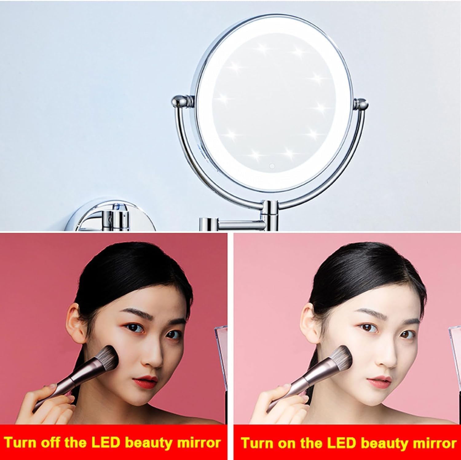 Genérico Espejo de Maquillaje Iluminado montado en la Pared Recargable con Aumento 10X, Brillo y Altura Ajustables, rotación de 360°, Espejo de Aumento con luz para Mujeres Carga USB