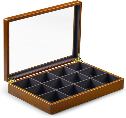 Oirlv Joyero vintage de madera maciza de 12 rejillas, forro de microfibra, aretes, pulseras, collares, almacenamiento de joyas, cajón, bandeja