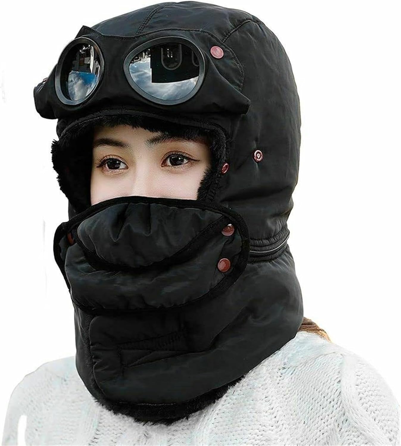 Winter Thermal Hat with Glasses, Outdoor Windproof Goggles and Face Mask Full Cover Balaclava, Ski Camping Trapper Cap(Black)