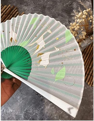 Miniatura 7 de JITEM Ventiladores decorativos de gasa de bambú retro para decoración de rendimiento, regalo portátil plegable ventilador de mano, patrones únicos,