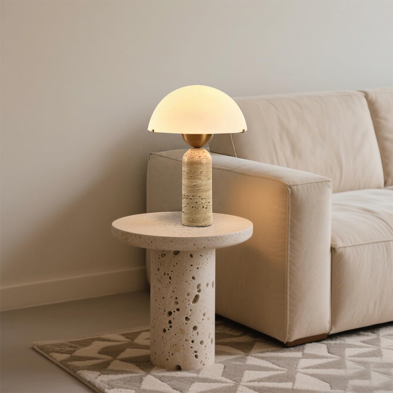 White Dome Table Lamp with Frosted Glass Shade, Mid-Century Modern Natural Stone Base Desk Lamp for Bedroom Nightstand, Scandinavian Bedside Light, 17.7 x 11.8 in