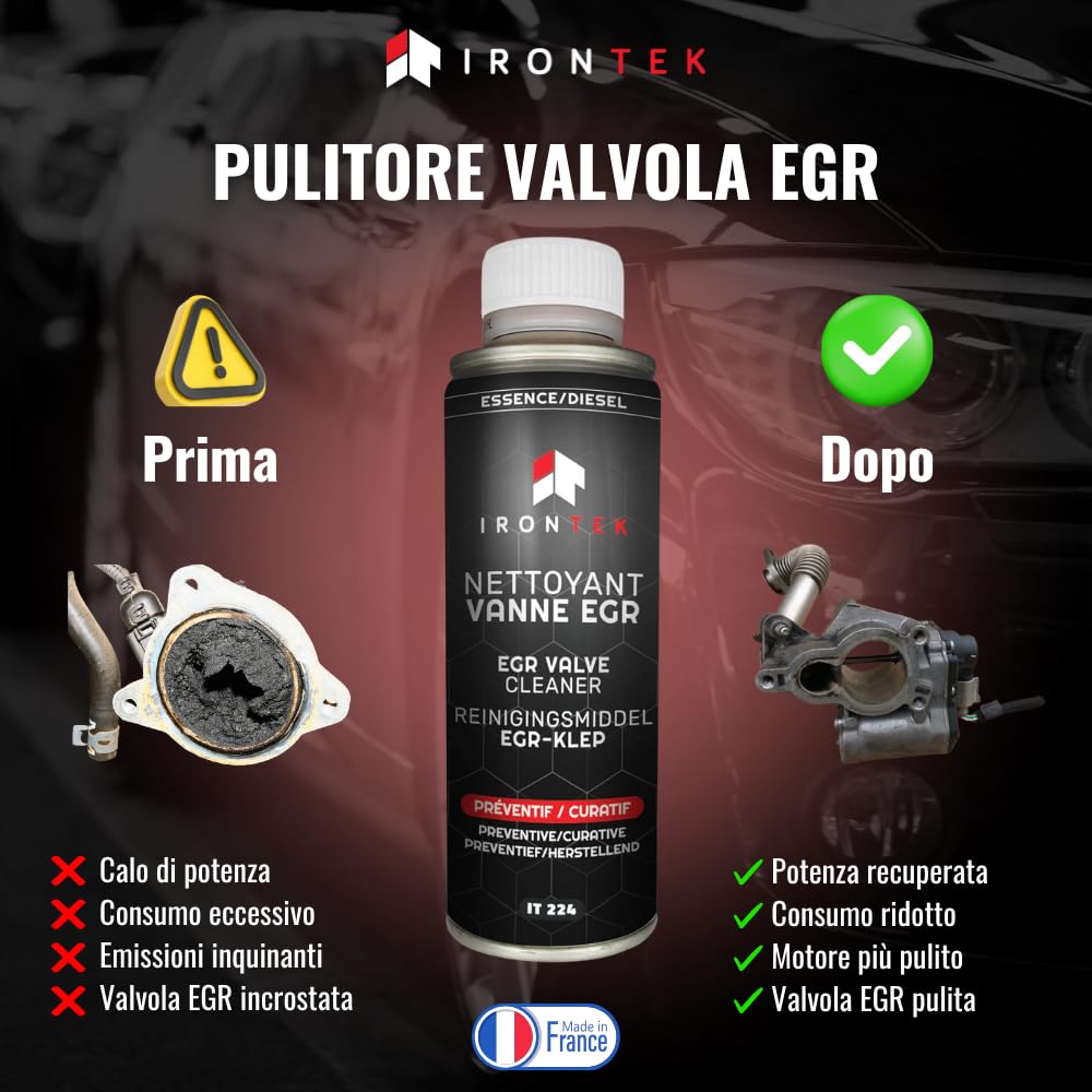 IRONTEK Pulitore Valvola EGR Diesel e Benzina 300ml | IT224 | Senza Smontaggio | Elimina Calamine e Depositi | Uso Preventivo e Curativo