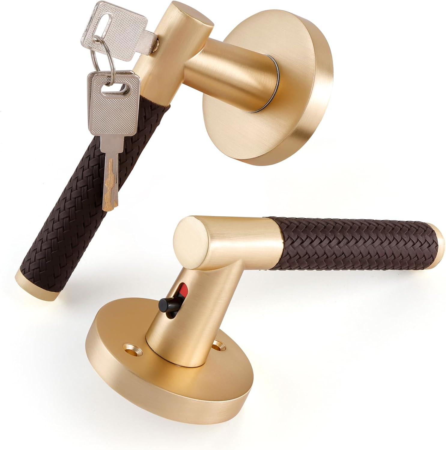 Bedroom Privacy Door Lock with Key, Brown Leather Woven Door Lever, Brushed Gold Door Handle Push-Button with Red-Green Indicators, Reversible Heavy Duty Zinc Alloy Door Lock PGS-BG-Z-1