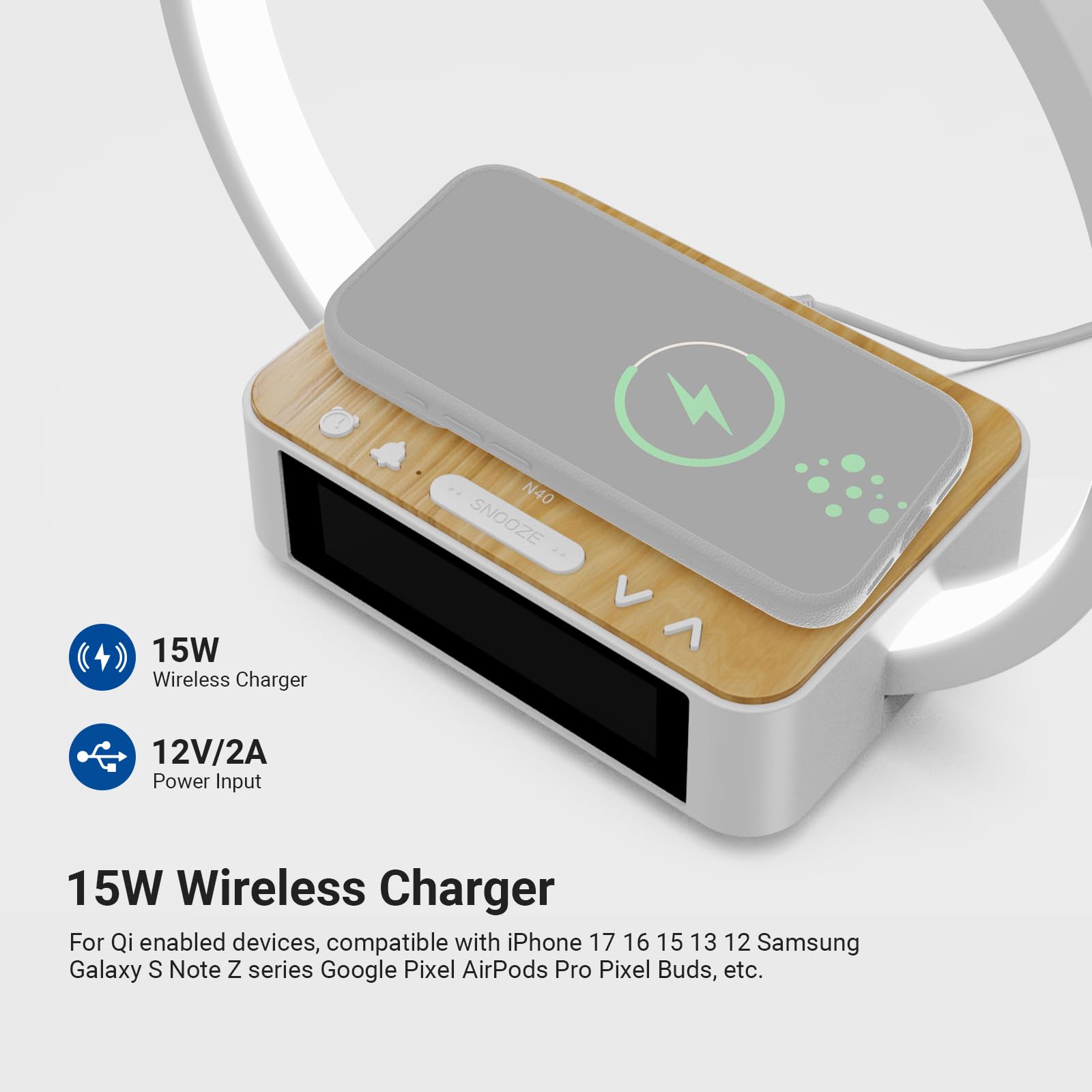 NEEWER Entry Level Version Bedside Lamp con 15W Carga Inalámbrica Compatible con iPhone AirPods,Sunrise Alarm Clock, Dimmable Aro Foco Luz Desktop LED Táctil para Dormitorio Mesita Noche Lectura, N40