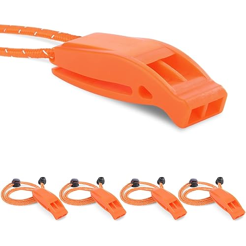 4 Pack Emergency Whistles, Loud Shrill Safety Whistle with Reflective Lanyard for Outdoor Climbing Hiking Camping Fishing Boat Kayak Life Vest Jacket Boating Water Survival Rescue Signaling (Orange)